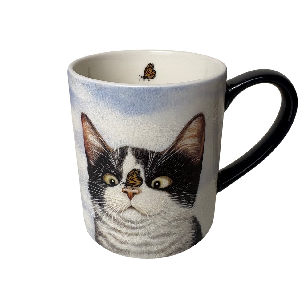Lang Hugo Hege Cat Butterfly Coffee Mug Lowell‎ Herrero Ceramic Tuxedo Cat
